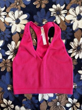 Ribbed V-Neck Racerback Bralette - Hot Pink